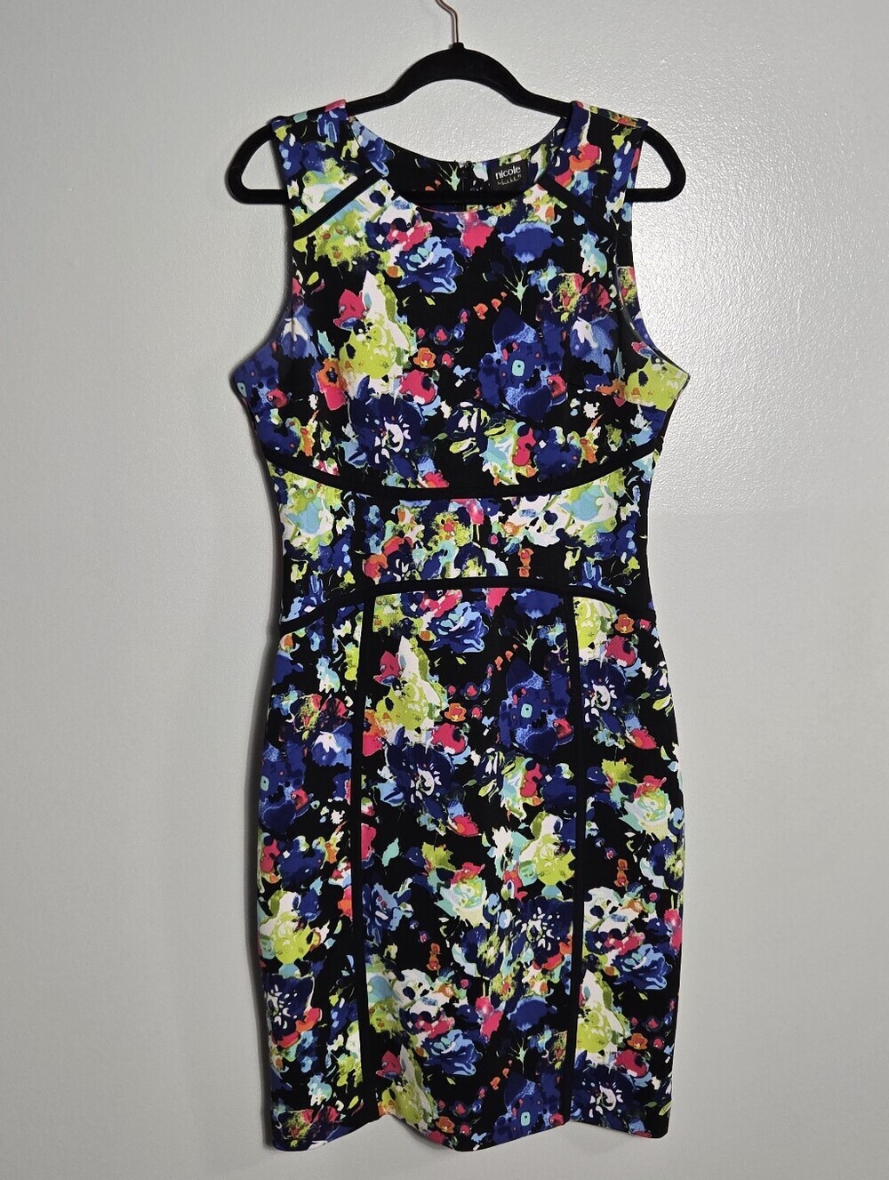Nicole by Nicole Miller Floral Sheath Dress Large Black Neon Open Back Trim